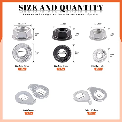 Tanstic 60Pcs Bike Wheel Axle Nut and Safety Washer Kit, Including 30Pcs M8 M9.5 M10 Hub Flange Axle Nut Parts with 30Pcs M8 M10 Safety Washers