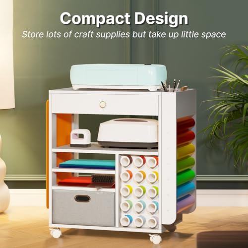 Image of Cooday Craft Organizers and Storage Cart with Upgraded Wheels, Compatible with Cricut Machines - Rolling Craft Cart with 22 Vinyl Roll Holders, Craft Cabinet and Storage Workstation for Craft Room