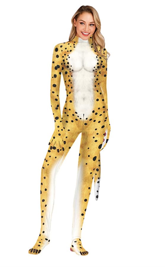 Amazon | ヒョウ柄 豹柄 全身タイツ しっぽ付き 着ぐるみ 大人