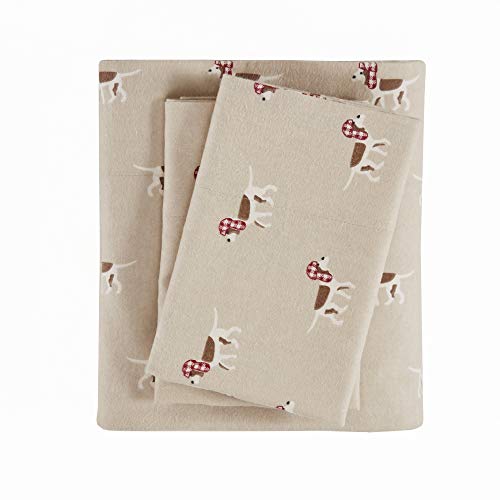 Image of Woolrich Cotton Sheet Set Cottage Charms Print, 100% Cotton Flannel Sheets Warm & Fuzzy Bedding Set Cal King Size Sheets, Fitted Pocket Fits Up to 14 inch Mattress, Cal King Tan Dog, 4 Piece