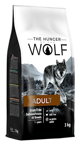 The Hunger of the Wolf Hundefutter für ausgewachsene Hunde aller Rassen und für Hunde mit Allergien, Fein zubereitetes Trockenfutter ohne Getreide mit Lachs und Kartoffeln - 3 kg