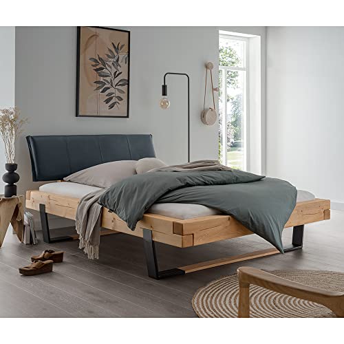 Lomadox Doppelbett Ehebett Bett Echtholz Massivholz, 200x200 cm, Fichte massiv, schwarzes Echtleder-Kopfteil, Schwarze Metallkufen mit Massivholzeinsatz, B/H/T ca. 218/88/228 cm