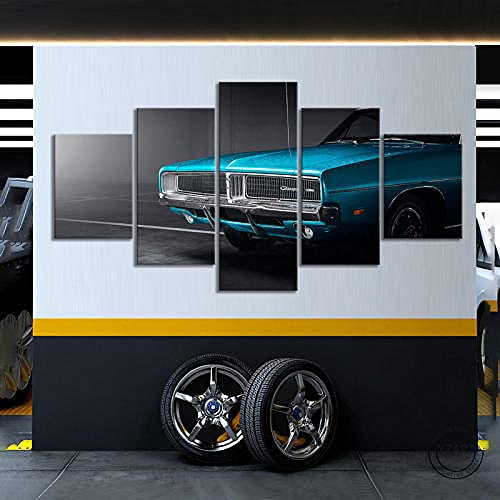 Peinture sur toile voiture de course bleue lot de 5 tableaux modernes amovibles pour salon