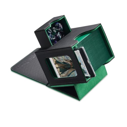 Mage Tech Card Deck Box for MTG Commander - Patented Design Commander Display Fits 100 Double-Sleeved Cards 35pt Card Brick & Dice Tray - Black/Green