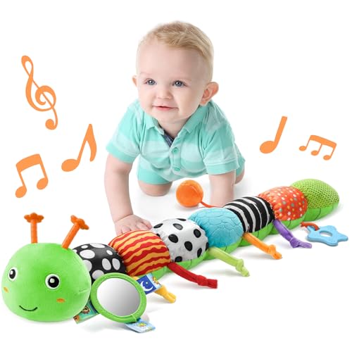 Image of LIGHTDESIRE Baby Toys Musical Caterpillar,Infant Toys Stuffed Animals with Ruler Design,Mirror,Pull String&Ring Bell,Baby Teething Toy for Tummy Time Toy Newborn Boy Girl 3 6 12 Months(Grass Green)