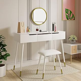 WOLTU White Makeup Table Set, Dressing Desk with Padded Stool and Wall Mounted Mirror, Modern Vanity table with 3 Drawers, Wooden Cosmetic Table, White+Gold, 100x40x77.5cm, MB6088ws
