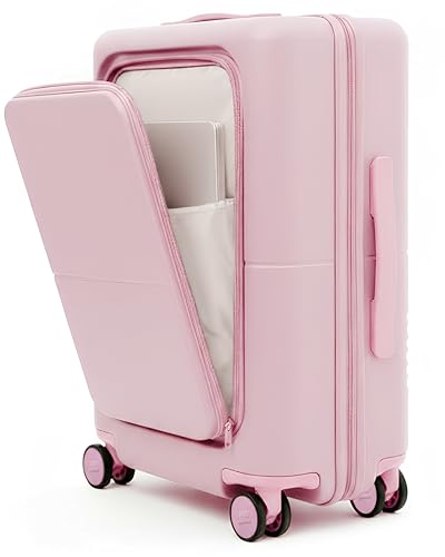 July Carry On Pro - 20" Hardshell with Front Pocket, Airline Approved Carry On Luggage with Wheels, TSA Lock Rolling Suitcase, Silent Spinner Wheels, USB Ports & Ejectable Battery - Blush Pink