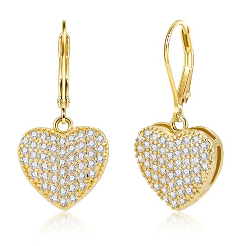 ALEXCRAFT 925 Sterling Silver Dangle Earrings, 14K Gold Plated Heart Waterdrop Earring for Women Trendy Hypoallergenic Leverback Earings Wedding Cubic Zirconia Dangle Earrings Jewelry for Women, 12 mm