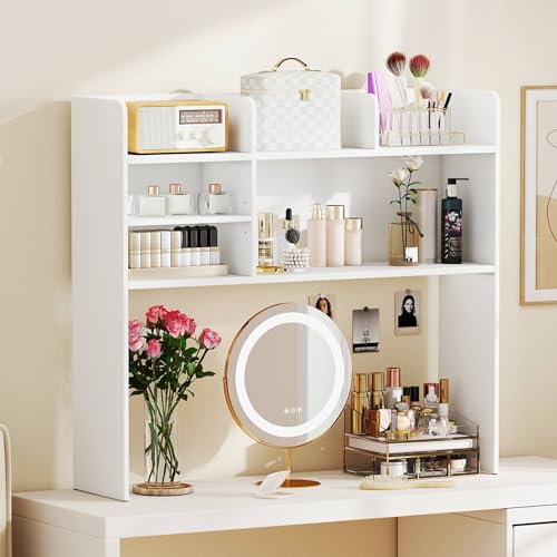 Image of Tangkula Desktop Bookshelf for Computer Up to 32 inch, 37 inch Countertop Storage Hutch with 6 Storage Shelves, 3-Tier Desktop Organizer Display Rack, Wooden Desk Hutch for Dorm Home Office (White)