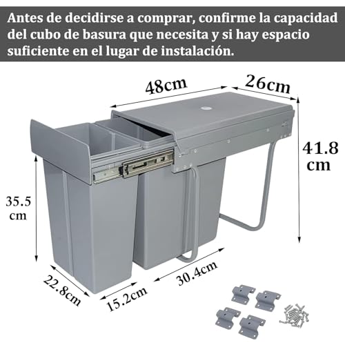 Image of jxgzyy Pull Out Kitchen Bin 10L+20L Sliding Double Trash Can with Lid Under Cabinet Categorize Garbage Easy to Disassemble Kitchen Recycling Trash Container Bin, Gray