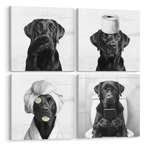 LUKIPOM Funny Black Labrador Retriever Bathroom Wall Art Canvas Prints Set of 4,Funny Black Lab Dog Wall Wall Art Posters for Bathroom Washroom Restroom Decor,8x8Inch Framed