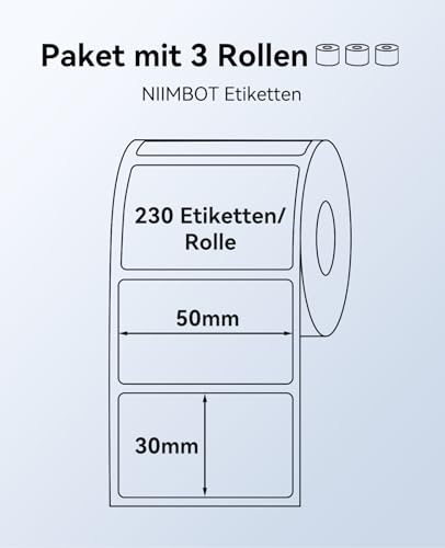 NIIMBOT Etiketten Kompatible für B1 / B21 / B3S Etikettendrucker, 3 Rollen 50 x 30mm Thermo Etikettenband für Supermärkte Einzelhandel Büro, 230 Etiketten/Rolle, Weiß
