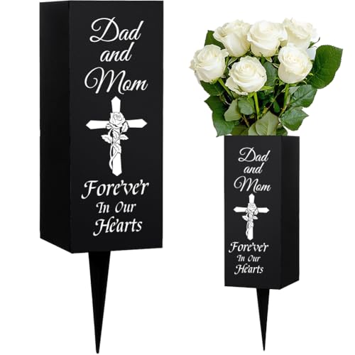 WEBEEDY Vasi di Cimitero per Papà e Mamma Decorazioni per Cimitero per Genitori Vasi da Cimitero in Metallo con Punte, Motivo Fiori Croce Nero Segno di Memoria Cimitero Simpatia 8x20cm