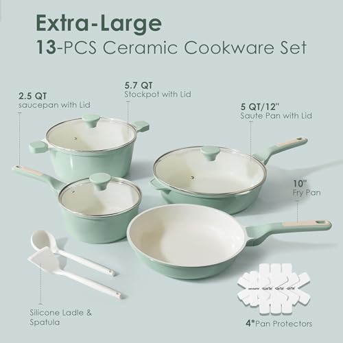 Image of SENSARTE Nonstick Ceramic Cookware Set Large 13-Piece, Healthy Pots and Pans Set Dishwasher Safe, Non-toxic Kitchen Cooking Set with Stay-Cool Handles, Induction Compatible, PFAS Free, Green