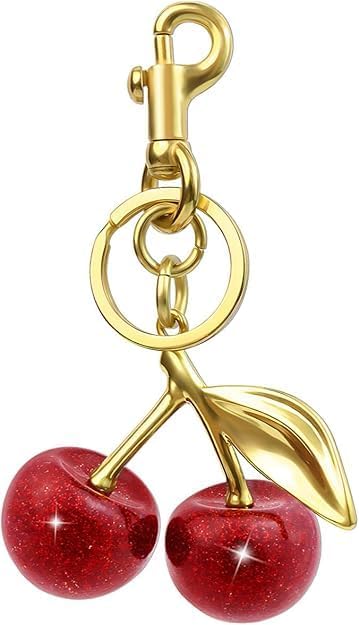 Fashion Cherry Keychain and Bag | Keyring and Handbag Accessory for Girls and Women | Attractive Gold Plated Charm with Red Glitter and Gorgeous Details