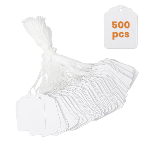 500 Pcs 1.8x1.4-inch White Price Tags with String Attached, Goefun 250 GSM String Tags for Labeling, Gift Bags, Hanging, Clothing, Jewelry, Garage/Yard Sale, Inventory