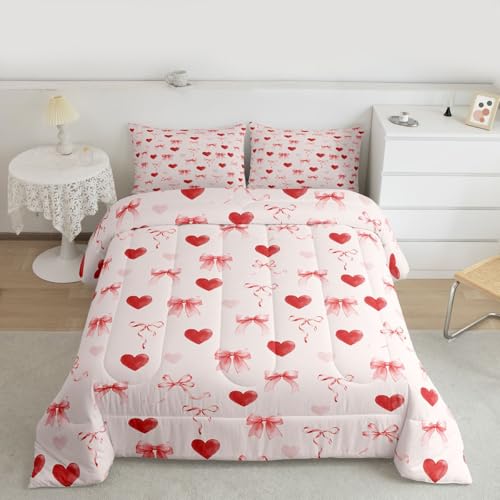 Image of Erosebridal Coquette Bow Full Comforter Set Love Heart Bedding Set for Kids Girls Ribbons Pink Valentine Bed Set Bowknot Bow Tie Princess Quilt Duvet