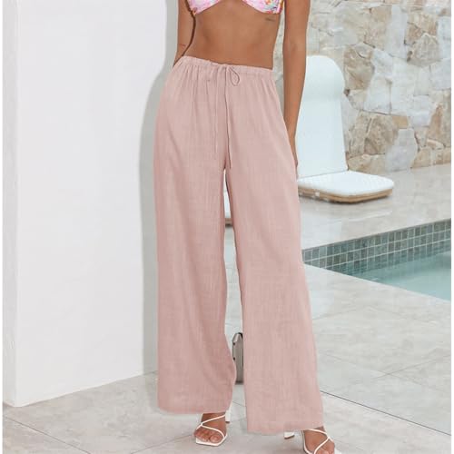 Image of Duyang Womens Cotton Linen Palazzo Pants Drawstring Elastic Waist Casual Wide Leg Trousers with Pockets