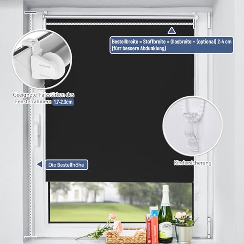 Verdunklungsrollo ohne Bohren Rollos für Fenster Verdunkelung Schwarz B80 x H140 cm Thermorollo Innenrollo Klemmrollo Sonnenschutzrollo… – Ansicht 4
