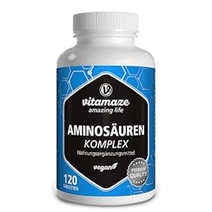Aminozuren Complex hoge Dosis & veganistisch, 120 Tabletten met 8 essentiële Aminozuren (U.a. Tryptofaan, Lysine, Leucine, Tyrosine), Voedingssupplement zonder Additieven, Made in Germany