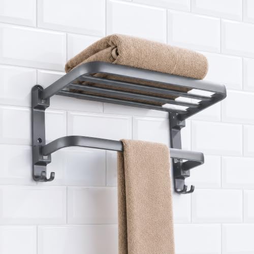 Image of Amazon Basics 40 CM Powder - Coated Aluminium Towel Rack for Bathroom with Hooks - Rust - Free, Space - Saving Bathroom Towel Holder Easy Installation Grey