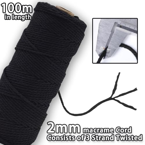 MORAINJAY 2mm Macrame Cord 100m, Black Macrame Cotton Cord Twine Rope Craft String - Image 2