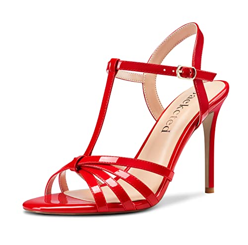 Saekcted Femmes Aiguille Haut High Talon Heel Ouvert Bout Lanières Cheville Slingback Sandales Mariage Dress Chaussures 10 CM Heels Rouge 45 EU Cover