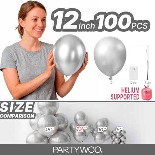 Image of PartyWoo Silver Balloons 100pcs 12 Inch Silver Latex Helium Balloons for Birthday Wedding Anniversary Graduation Bachelorette Engagement Bridal Shower Retirement Party Decorations Silver-G102