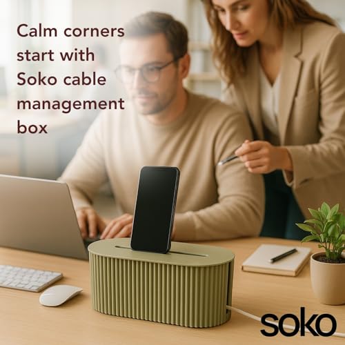 Image of Soko Cable Management Box with Mobile Stand | Cords Hider & Surge Protector | Concealer for Power Strips, Router, TV, Gadget Wires Storage Organizer Tray for Desk, Table - Home, Office - Beige