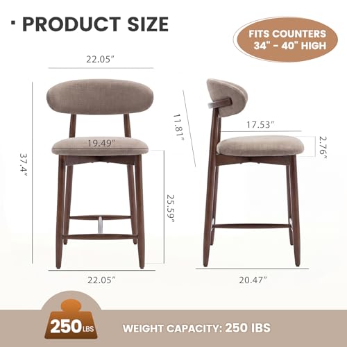 Image of MALOL Counter Height Bar Stools Set of 2, Kitchen Bar Stools with Back, Mid Century Modern Upholstered Barstools with Wood Legs for Kitchen Island Dining Room, Camel