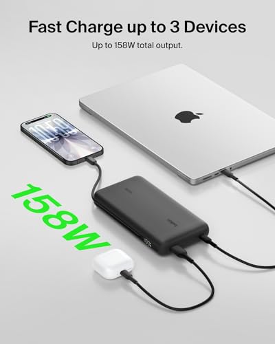 Image of Belkin Portable Charger 25K, Power Bank with Integrated USB C Cable, 158W - Fast Charging Laptop Portable Battery Pack for MacBook Pro 14, iPhone 17 Series, iPad Pro, Galaxy S26, & More - Black