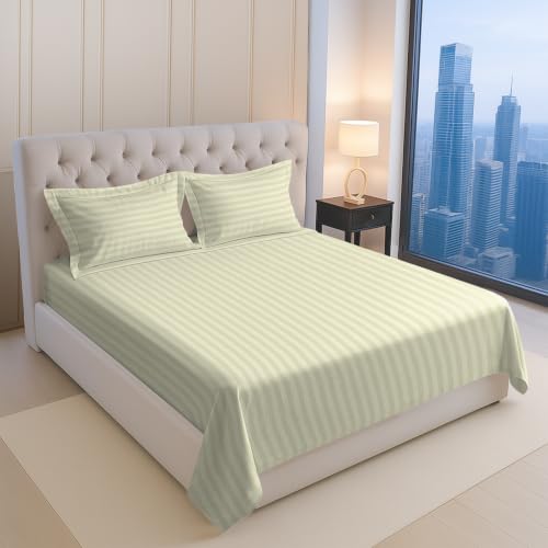 Image of Pizuna 100% Cotton Bedsheet Super King Size with 2 Pillow Covers, 300 Thread Count Long Staple Cotton, Stripes Pattern Flat Bed Sheet 108X108 Inch for Superking Bed, Cream