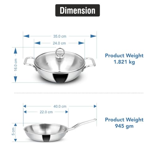 Image of Orange Stainless Steel Triply 3 pc Combo Cookware Set | (Kadai 3ltr, 24cm) & (Fry pan 1.5ltr, 22cm) with Glass lid | Induction Friendly | 2.5mm Thickness | 5Year Warranty | Silver