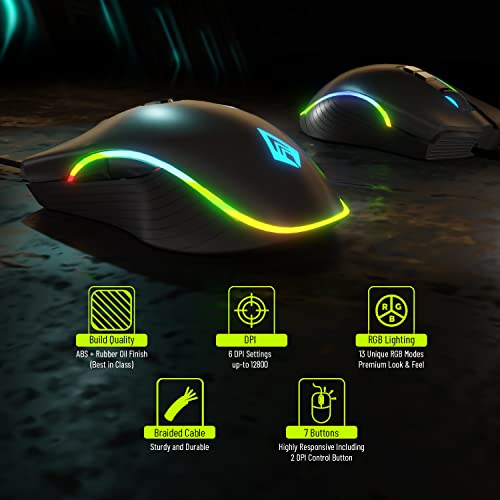 Image of archer Tech lab Recurve 200 Rubber Oil Finish Wired Gaming Mouse,Adjustable 12800 Dpi&7 Buttons,13 Color Breathing RGB,Gaming Sensor with 1000Hz Polling Rate,Compatible with Pc /Mac - Black