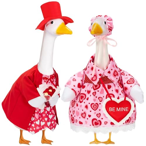 Bafeil Set of 2 Porch Goose Outfits Mothers Day for 23-Inch Cement/Plastic Lawn Goose Statues - Be Mine Love Heart Print Clothes Hats & Costumes for Yard Garden & Outdoor Decor