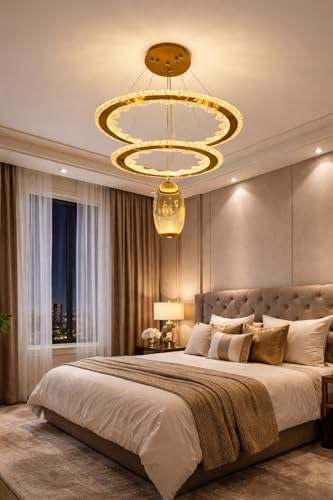 Image of Modern Stylish LED Ring Gold Finish with 3 Different Color Mode (Warm White, Cool White, Neutral White) Changing Chandelier with Height Adjustable Hanging for Bedroom, Living, Dining,
