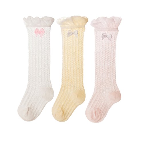 DEBAIJIA 3 Paia Calzettoni Bambini Neonati Cotone Alti Tubo Calza Ragazze Bowknot Maglia Estate Lunghezza Giallo Beige Rosa 3-5 Anni