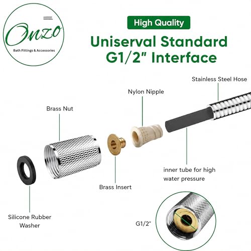 Image of Onzo Stainless Steel 304 Rust Free Flexible Shower Hose Pipe Ideal for Toilet /Health Faucets, Jet Sprays & Hand Showers in High End Luxury Bathrooms, Chrome Finish - 1 Meters
