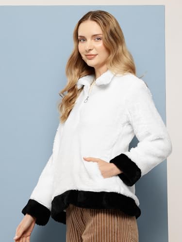 Image of Aarika Womens Winter Wear White-Pink Colour Solid Fur Sweat Shirt