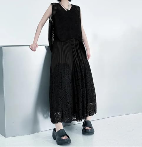 Women's Vintage Maxi Skirt Party Patchwork Lace Irregular High-Waisted Pleated Long Skirts4