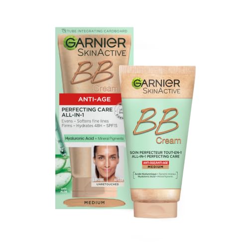 Garnier SkinActive Anti-Age BB Cream Shade Medium Tinted Moisturiser SPF 15 Softens Fine Lines & Firms Skin With Hyaluronic Acid Aloe & Mineral Pigments 50 m