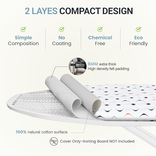 Image of Ironing Board Cover and Pad 15 inchx54 inch Extra Thick Natural Cotton, Scorch and Stain Resistant Padding, Standard Size Iron Board Cover with Fasteners Heavy Duty Elastic Edge, Heatproof Boomerang
