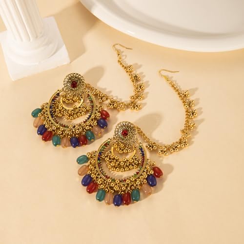 Colorful Beaded Indian Earrings for Women Gold Plated Cubic Zirconia Boho Tassel Dangle Earring Drop Chandelier Traditional Ethnic Gypsy Jewelry Bollywood Party Jhumka Festival Wedding Hair Accessory3