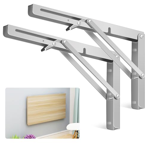 Folding Shelf Brackets 12 Inch/30cm, 2PCS Heavy Duty Bracket for Shelves, Wall Mounted Folding Table Bracket, Silver Stainless Steel Foldable Floating Hanging Support for Space-Saving