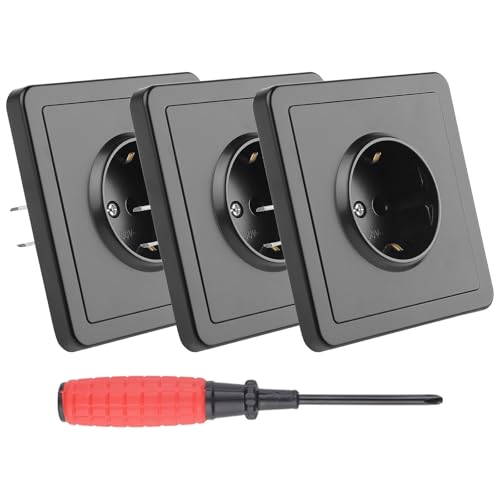 LongZYU 3 Piezas Enchufe Pared Empotrado Enchufe Simple Enchufes Empotrables Pared 16A 250V Toma de Corriente Negra Enchufes Estándar con Destornillador para Dormitorio Oficina Cocina, 84 mm x 84 mm