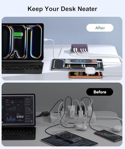 Image of Fast Charger Block, GaN 6 Port USB C Charging Station Hub Cube, 100W Multiport Type C Wall Charger Power Strip Plug with PD 3.0+QC for iPhone 16 15 14 13 12 1 Pro Max XR XS 8 7, Samsung, iPad, Table