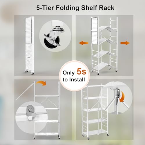 Image of Himix 5-Tier Foldable Storage Shelves 20 Hooks Wheels White No Assembly | Folding shelving units, Metal collapsible organization, Wire rack, Unit rolling cart, Bookshelf, Kitchen, Home, Holds 440 Ibs