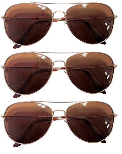 Classic Aviator Brown Lens Sunglasses Metal Frame Gold Color 3 Pack