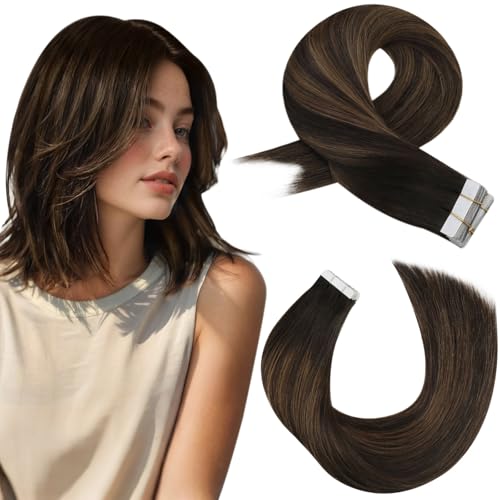 Moresoo Extension Cheveux Naturel Adhesif Ombre Brun le plus Foncé avec Brun Moyen Tape Extension Adhésive Cheveux Humain 30 cm 20 Pièces 30g Lisse #2/6/2