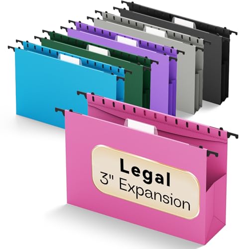 NORDUN Plastic Hanging File Pockets Legal Size,Expandable Large Hang Folder with Tabs,Heavy Duty 3' Expansion Accordian Pocket File,6 Pack Reinforced Colored Filing Cabinet Folders for Medical Charts